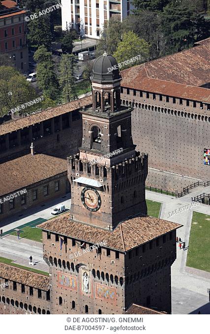 Aerial view of the Filarete Tower, Sforza Castle, Milan, Lombardy. Italy, 15th century