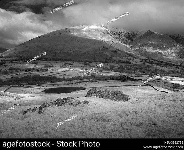An infrared image of Blencathra or Saddleback fell and Tewet Tarn in the English Lake District National Park, Cumbria, England