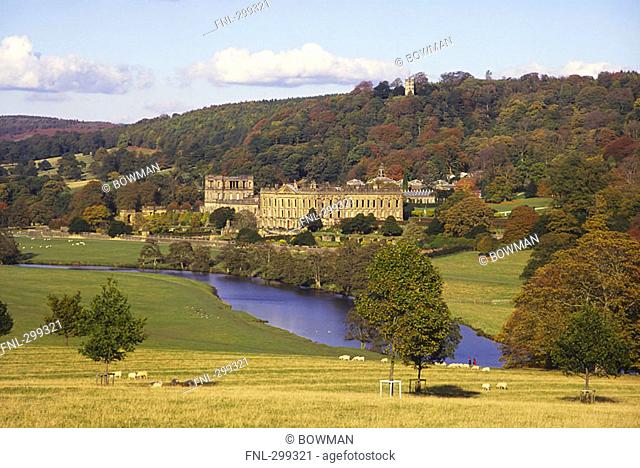 Castle on landscape, Chatsworth House, Derbyshire, England