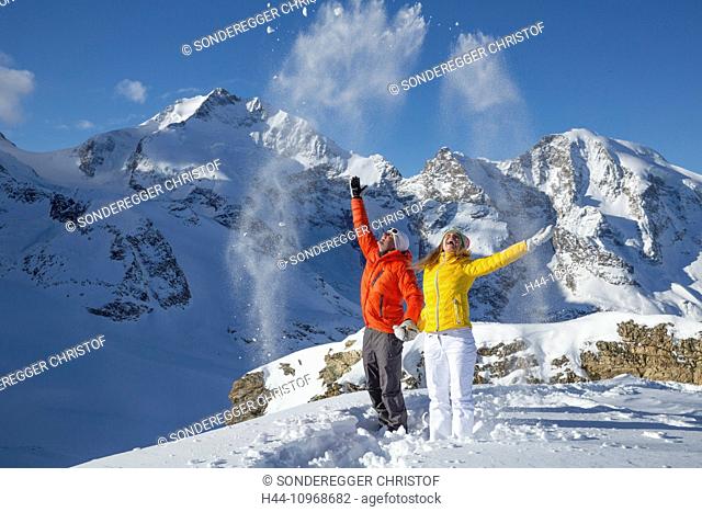 Pontresina, tour, Diavolezza, Saas Queder, Berninamassiv, mountain, mountains, glacier, ice, moraine, snow, tracks, traces, footpath, couple, man, woman