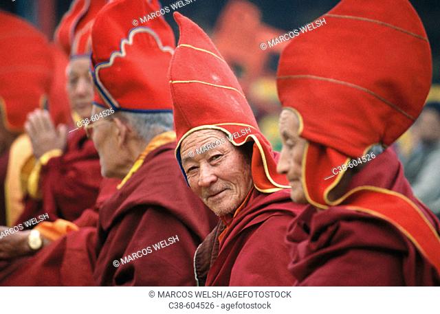 Buddhist monks during Tibetan New Year celebration. Sikkim. India