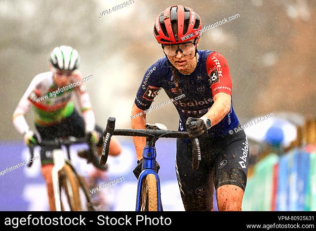 Belgian Fleur Moors pictured in action during the women's elite race of the World Cup cyclocross cycling event in Dublin, Ireland