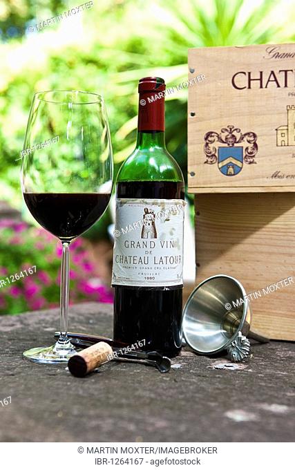 Chateau Mouton Rothschild 1er Cru Classe Pauillac Grand Vin de Bordeaux, Bordeaux glass, cork, sommelier cutlery