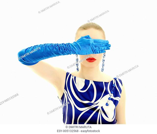 Woman in retro style cover eyes by hand. Isolated over white background