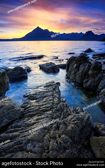 Coast of Elgol on the Isle of Skye in the sunset. Isle of Skye, Inner Hebrides, Scotland
