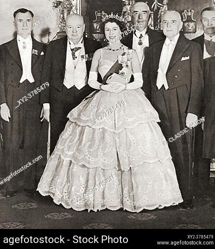 EDITORIAL ONLY Queen Elizabeth II entertaining the Prime Ministers of the Commonwealth at Buckingham Palace in 1952. From left to right, Mr. S. G