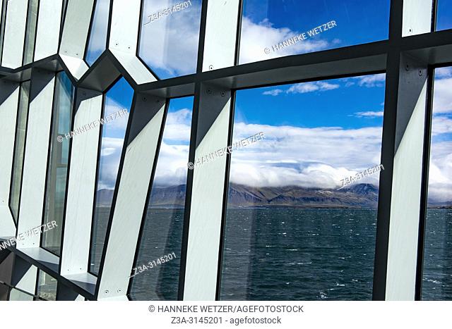 View outside the windows of the Harpa Concert Hall and Conference Centre in Reykjavic, Iceland