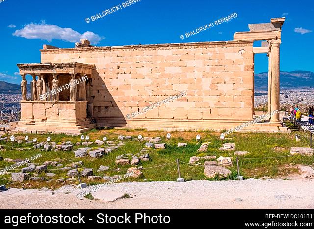 Athens, Attica / Greece - 2018/04/02: Panoramic view of Erechtheion or Erechtheum - temple of Athena and Poseidon - within ancient Athenian Acropolis complex...