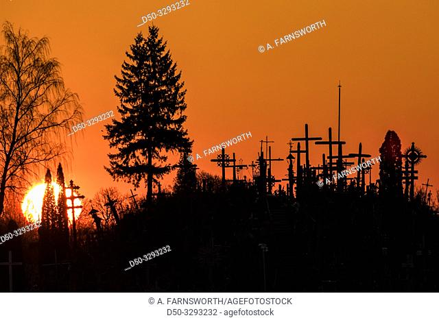 Siauliai, Lithuania Early morning and dawn view of The Hill of Crosses, or, KryžiŠ³ kalnas, a pilgrimage site for Catholics and is a collection of 100