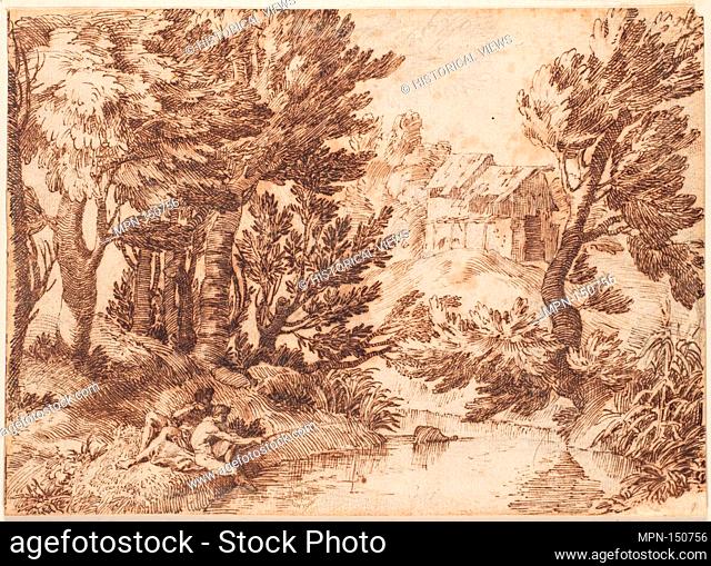 Landscape with Figure Reclining and Figure Fishing. Artist: Anonymous, Italian, Roman-Bolognese, 17th century; Date: 17th century; Medium: Pen and brown ink