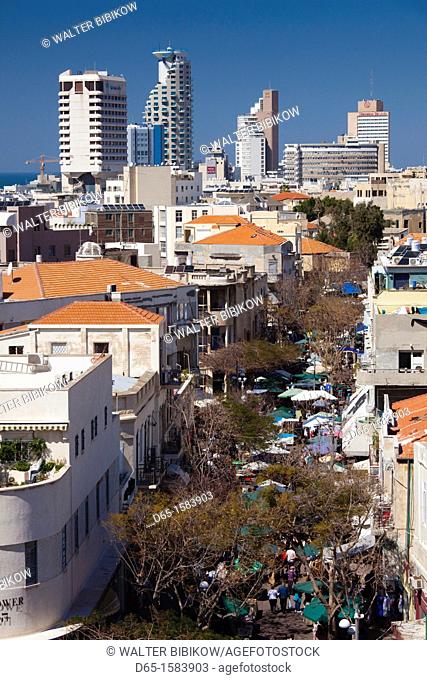 Israel, Tel Aviv, Nahalat Binyamin Crafts Market, elevated view of market and town