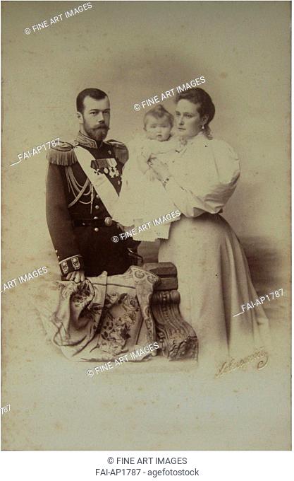 Portrait of Nicholas II of Russia with Alexandra Fyodorovna and Daughter Olga. Levitsky, Sergei Lvovich (1819-1898). Photochrom. 1895