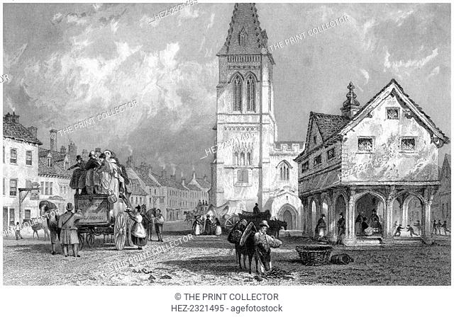Market Harborough, Leicestershire, 19th century. Scene in the town square with passengers on a stagecoach