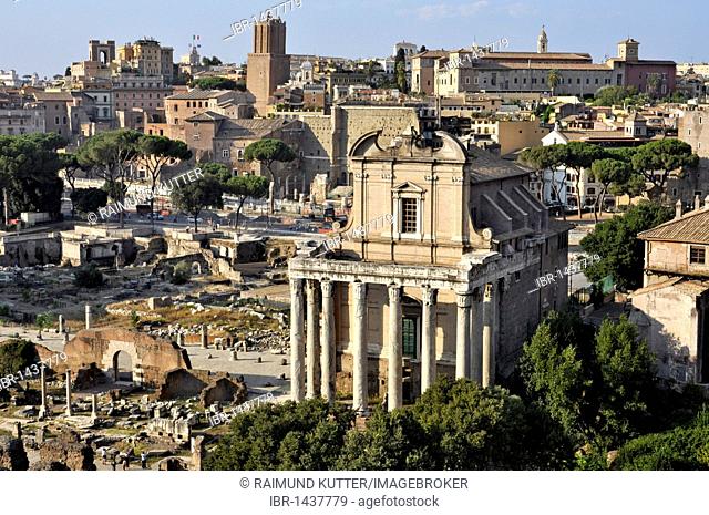 Basilica Aemilia, Torre delle Milizie, Temple of Antoninus and Faustina or Church of San Lorenzo in Miranda, Forum Romanum, Roman Forum, Rome, Lazio, Italy