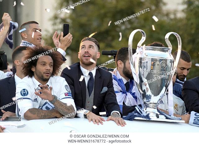 Real Madrid parade around Plaza de Cibeles in Madrid, Spain after winning the UEFA Champions League against Juventus Featuring: Marcelo