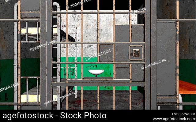 Computer generated grim prison interior through bars 3d rendering backdrop
