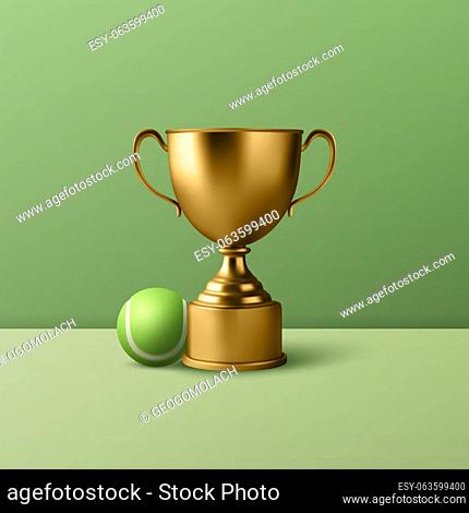 Vector 3d Realistic Blank Golden Champion Cup Icon with Tennis Ball Set Closeup on Green Background. Design Template of Championship Trophy
