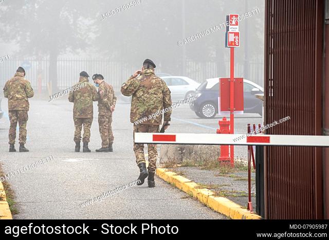 Preparation by the army of a new drive-in for Covid-19 tampons in the car park lot of Romolo. Milan (Italy), November 2nd, 2020