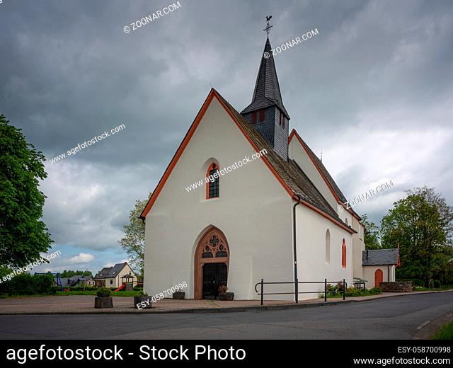 Panoramic image of the pilgrim church Maria and Maria Magdalena of Valwigerberg with cloudy sky, Cochem, Germany