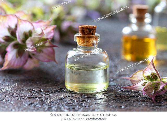 A bottle of essential oil with fresh clary sage