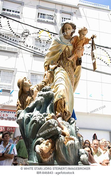 Virgin Mary and Child icon at the Fiesta del Virgen del Carmen, held yearly on July 15 in Camarinas, La Coruna, Galicia, Spain, Europe