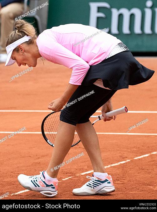 Belgian Elise Mertens celebrates after winning the game between Belgian Elise Mertens (WTA 20) and Russian Margarita Gasparyan (WTA 122) in the women's singles...