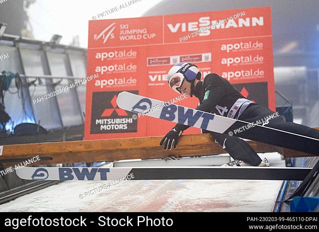 03 February 2023, Hesse, Willingen: Nordic skiing, ski jumping: World Cup, large hill, training men. Ryoyu Kobayashi from Japan prepares for his training jump