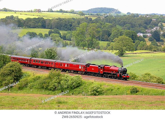 Steam locomotive LMS Jubilee Class 45699 Galatea near Low Baron Wood Farm, Armathwaite, Eden Valley, Cumbria, Settle to Carlisle Railway Line, England