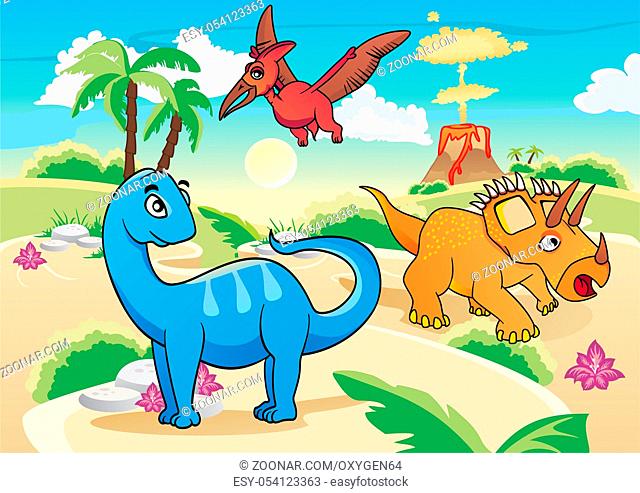 Illustration of dinosaurs in a prehistoric landscape