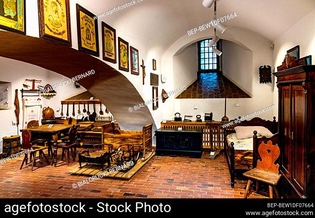 Bytow, Poland - August 5, 2021: Interior of Zachodniokaszubskie Museum in medieval Bytow Castle of Teutonic Order and Pomeranian Dukes in historic city center