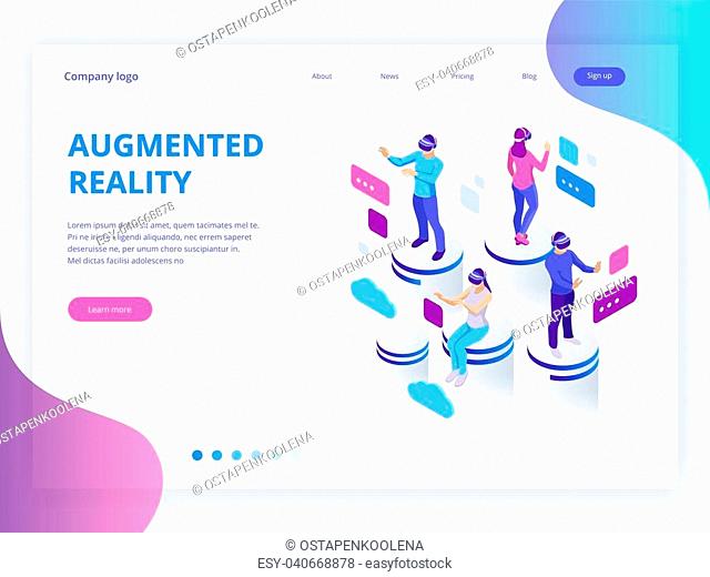 Isometric virtual reality, augmented reality concept. Men and woman wearing virtual reality glasses. Work, learning and entertaining