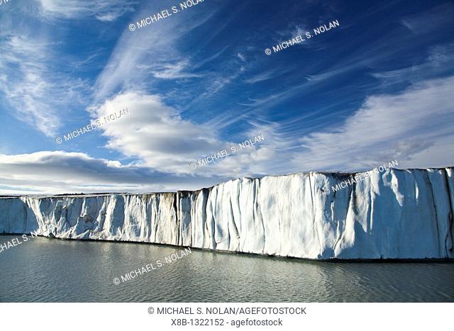 Late evening views of the Negrebreen Glacier melting in the sunlight on Spitsbergen Island in the Svalbard Archipelago, Barents Sea, Norway