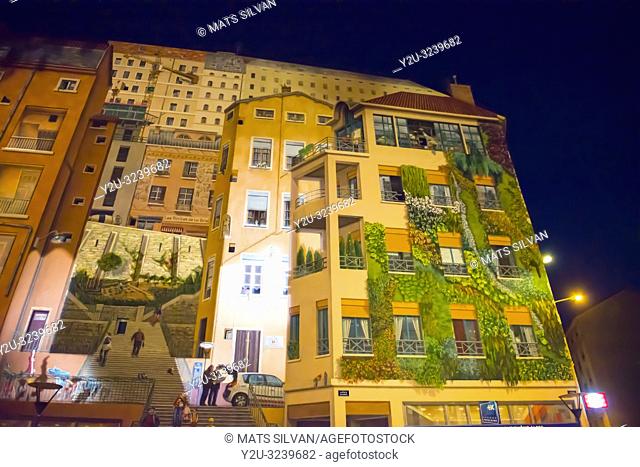 Painted Facade Wall on a Building in Lyon at Night in Auvergne-Rhone-Alpes, France