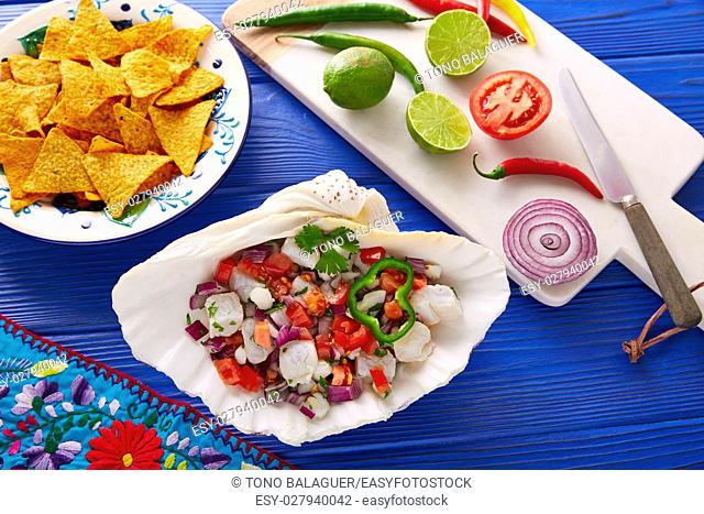 Ceviche Mexican food style recipe with nachos and ingredients