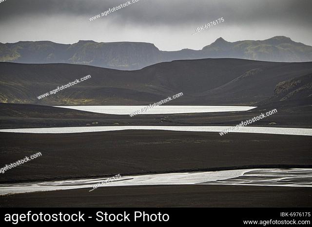 River and lakes in black lava desert, Tungnaá, Icelandic highlands, Suðurland, Iceland, Europe