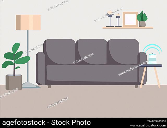 Empty living room flat color vector illustration. Modern apartment 2D cartoon interior with couch on background. Livingroom interior decor, decorative plants