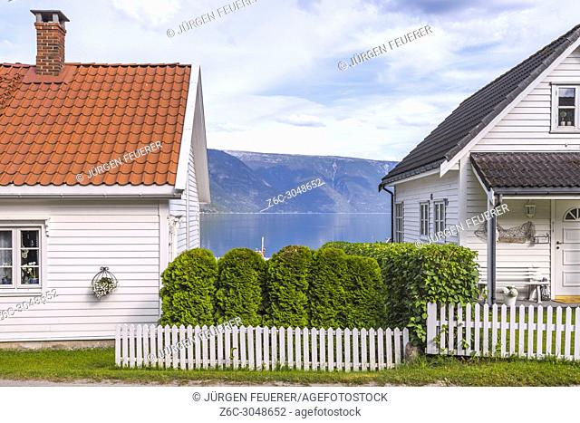 view to the fjord and wooden houses, Norway, Solvorn at the Sognefjorden