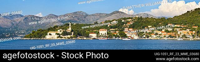 Panoramic photo of Lopud Island and the Franciscan Monastery, Elaphiti Islands, Dalmatian Coast, Croatia. This is a panoramic photo of Lopud Island waterfront...
