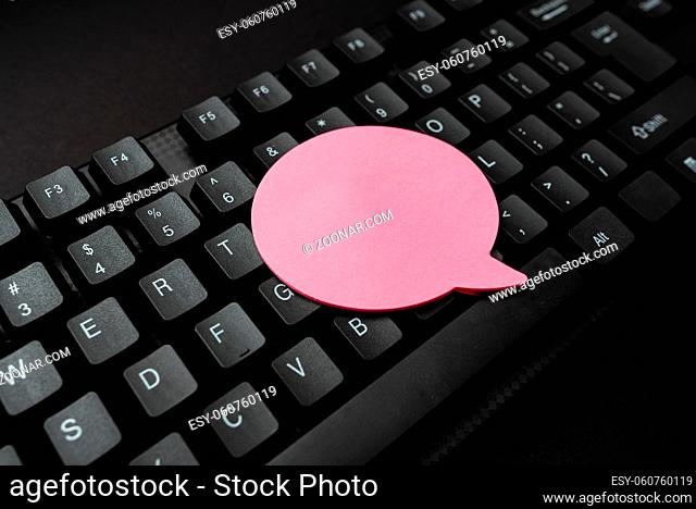 Sticky Note Placed On Keys. Notes On Keyboard, Speech Cloud Shape Note Top View, Business Notes Office Workign In The Busienss Set Up Showing Space For Text