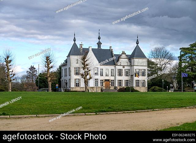 Wemmel, Flemish Brabant Region, Belgium, Feb. 25, 2023 - The white monument of the city hall in the village park