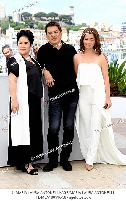 Jaclyn Jose, the director Brillante Mendoza, Andi Eigenmann during the photocall of film Ma' Rosa at 69th Cannes Film Festival, Cannes, FRANCE-18-05-2016