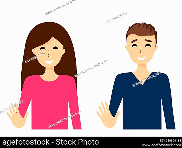 Boy and girl waving hand. Hello gesture vector illustration. Cartoon characters