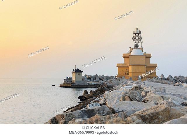 Europe, Italy, Veneto, Venice, Cavallino coast, Detail on the lighthouse of Punta Sabbioni at sunrise