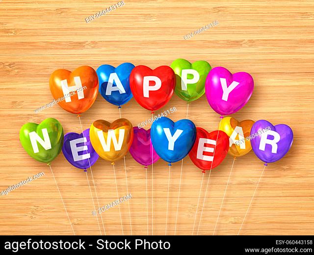 Colorful happy new year heart shaped air balloons on a wooden background. 3D illustration render