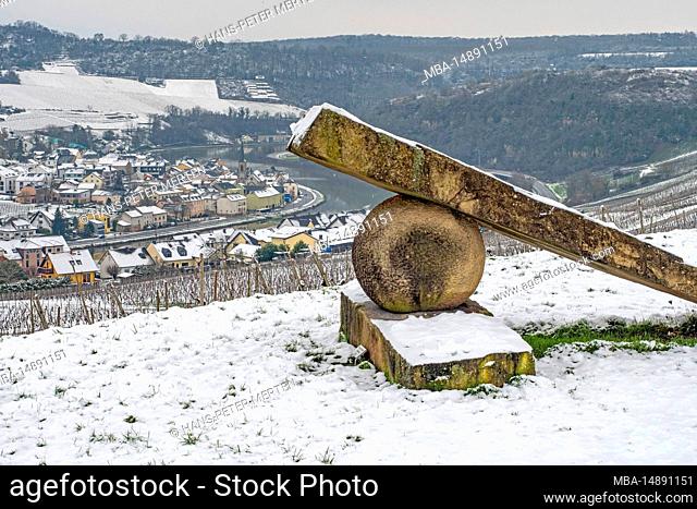 Sculpture Knee in joint near Nittel, view to Machtum, Luxembourg, Upper Moselle, Moselle Valley, Moselle, Saargau, Rhineland-Palatinate, Germany