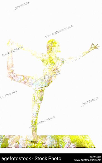 Nature harmony healthy lifestyle concept. Double exposure image of Lord of the Dance Pose Natarajasana asana exercise isolated on white background
