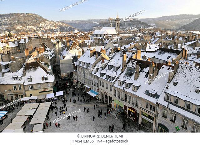 France, Doubs, Besancon, Revolution Square, Christmas market, city view from the Ferris wheel, snow, December