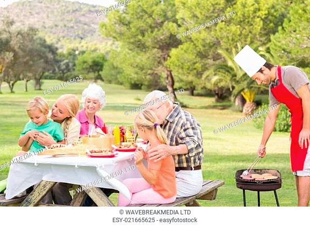 Multi-generation family enjoying a barbeque in the park