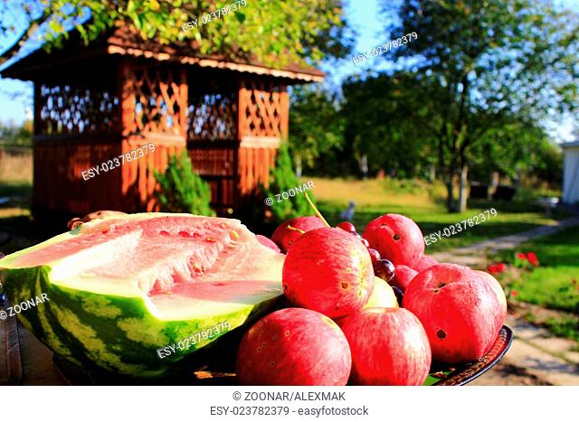 harvest of red apples and cut water-melon