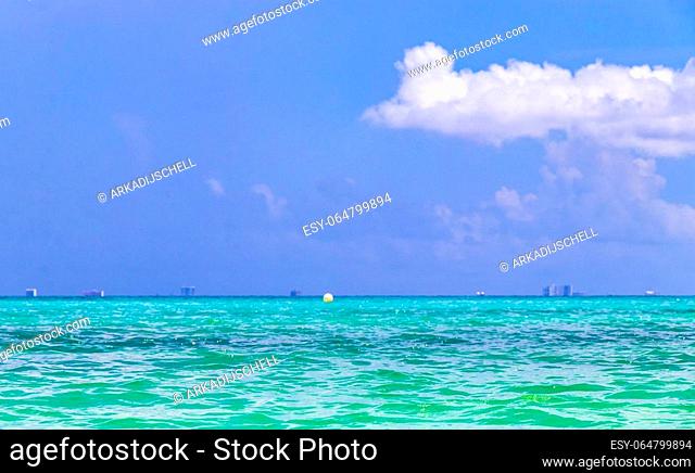 Tropical mexican Caribbean sea and beach landscape panorama view to Cozumel island cityscape with clear turquoise blue water in Playa del Carmen Quintana Roo...